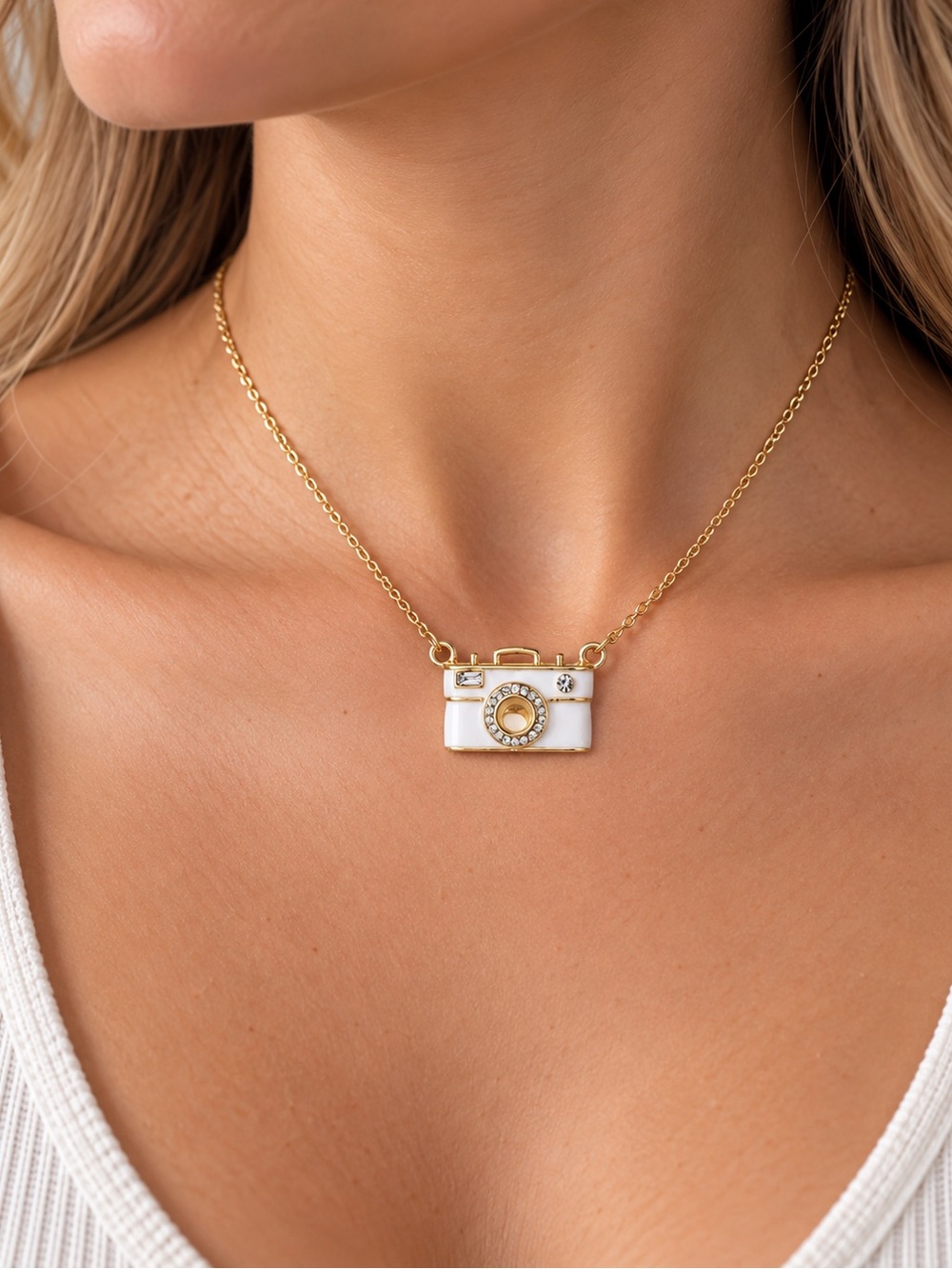 Gold and White Camera Pendant Necklace - Women Jewelry steel 316L